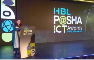 Minister of State for IT and Telecommunication Ms. Shaza Fatima Khawaja addressing HBL-P@SHA ICT Awards 2024 ceremony.
