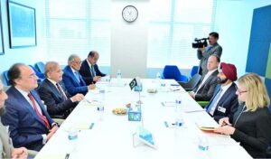 Prime Minister Muhammad Shehbaz Sharif meets Mr. Ajaypal Singh Banga, President of the World Bank on the sidelines of the UNGA in New York. Finance Minister, Muhammad Aurangzeb was also present in the meeting.
