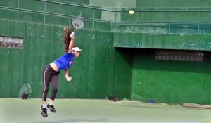 Tennis player Ushna Suhail in action in final of ladies singles during Khawar Hayat Memorial National Ranking Tennis Championship 2024 at PTF Tennis Complex.