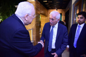 Federal Minister for Maritime Affairs Qaiser Ahmed Sheikh is interacting with Brazilian Ambassador Olyntho Vieira in an event to celebrate the Independence Day of Brazil.