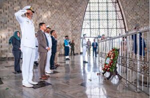 US Consul General Scott Arbom writes on the guestbook on behalf of the American people during his recently visit the Mausoleum of Quaid-e-Azam Muhammad Ali Jinnah.