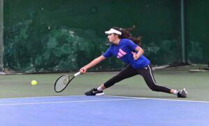 Tennis player Ushna Suhail in action in final of ladies singles during Khawar Hayat Memorial National Ranking Tennis Championship 2024 at PTF Tennis Complex.