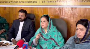 Chairperson of Benazir Income Support Programme (BISP), Senator Rubina Khalid, talking to media at BISP office.
