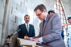 US Consul General Scott Arbom writes on the guestbook on behalf of the American people during his recently visit the Mausoleum of Quaid-e-Azam Muhammad Ali Jinnah.