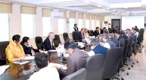 Federal Minister for Finance and Revenue, Senator Muhammad Aurangzeb, chairs the meeting of the Cabinet Committee on State-Owned Enterprises (CCOSOEs) at the Finance Division.