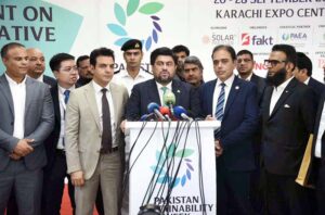 Sindh Governor Kamran Khan Tessori talking to the media after visiting the Pakistan Sustainability Week at the Expocenter under the auspices of FAKT Exhibition Pvt.
