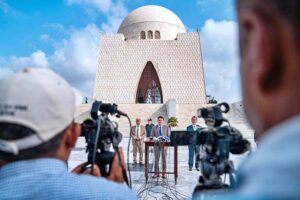 US Consul General Scott Arbom writes on the guestbook on behalf of the American people during his recently visit the Mausoleum of Quaid-e-Azam Muhammad Ali Jinnah.