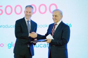 President Asia Pacific of Google presents locally manufactured Chrome Book to Prime Minister Muhammad Shehbaz Sharif.