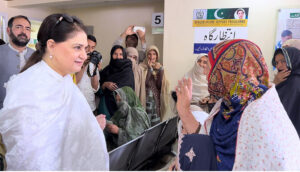 Chairperson of Benazir Income Support Programme (BISP), Senator Rubina Khalid, talking to media representatives at BISP Zonal Office.