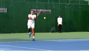 Tennis player Ushna Suhail in action in final of ladies singles during Khawar Hayat Memorial National Ranking Tennis Championship 2024 at PTF Tennis Complex.