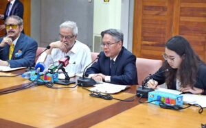 September 09 - Ambassador of the People’s Republic of China Jiang Zaidong addressing during visit the All Pakistan Newspapers Society (APNS) House.