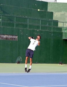 Tennis player Ushna Suhail in action in final of ladies singles during Khawar Hayat Memorial National Ranking Tennis Championship 2024 at PTF Tennis Complex.