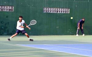 Tennis player Ushna Suhail in action in final of ladies singles during Khawar Hayat Memorial National Ranking Tennis Championship 2024 at PTF Tennis Complex.