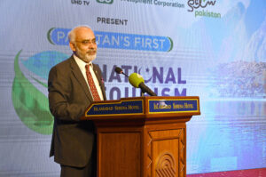 Federal Minister for Planning, Development, and Special Initiatives, Prof. Ahsan Iqbal, addresses the National Tourism Awards ceremony hosted by Discover Pakistan HDTV at a local hotel.