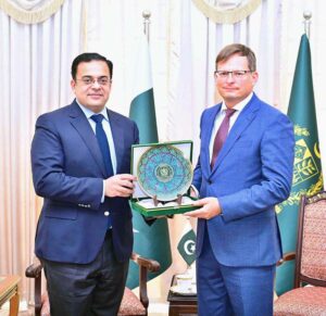 Head of European Investment Bank for Asia and Pacific Region Edvardas Bumsteinas calls on Federal Minister for Economic Affair Ahad Cheema.