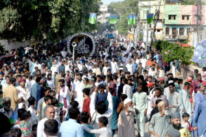 A large number of people participating in a procession of Eid-e-Milad-un-Nabi (SAWW) celebrations at Tilak Incline