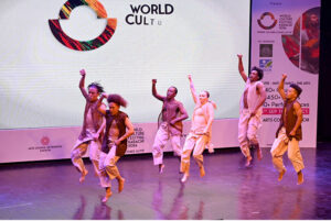 Artists of Jazzart Dance Theatre (South Africa ) performing on stage during the Inaugural Ceremony of the World Culture Festival Karachi at Arts Council of Pakistan.