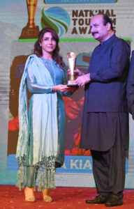 Federal Minister for Planning, Development, and Special Initiatives, Prof. Ahsan Iqbal, addresses the National Tourism Awards ceremony hosted by Discover Pakistan HDTV at a local hotel.