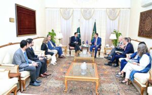 Head of European Investment Bank for Asia and Pacific Region Edvardas Bumsteinas calls on Federal Minister for Economic Affair Ahad Cheema.