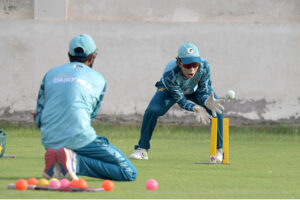 Players of Pakistan Women cricket team participating in a net practice session for the upcoming three T20 series against South Africa Women cricket team at Multan Cricket Stadium.