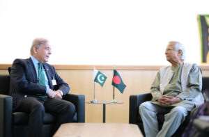 Prime Minister Muhammad Shehbaz Sharif meets Chief Advisor (Head of the Government) of the Interim Government of Bangladesh Dr. Muhammad Yunus on the sidelines of the 79th Session of United Nations General Assembly.