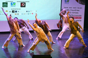 Artists of Jazzart Dance Theatre (South Africa ) performing on stage during the Inaugural Ceremony of the World Culture Festival Karachi at Arts Council of Pakistan.