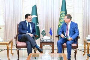 Head of European Investment Bank for Asia and Pacific Region Edvardas Bumsteinas calls on Federal Minister for Economic Affair Ahad Cheema.