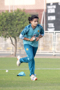 Players of Pakistan Women cricket team participating in a net practice session for the upcoming three T20 series against South Africa Women cricket team at Multan Cricket Stadium.