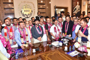 Group photo of the winners of the Associate Class Mambers of the Chamber of Commerce Election Year 2024-26 with Group Leader Etihad Founder Sheikh Riazuddin, President Chamber Abdul Ghafoor Malik