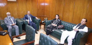 Chairperson Benazir Income Support Programme, Senator Rubina Khalid, calls on the Governor of the State Bank of Pakistan, Jameel Ahmed. Secretary Benazir Income Support Programme, Amer Ali Ahmad, are also present.
