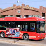 A view of luxury red bus of the Peoples Bus Service, launched by the Sindh Government from Larkana to Badah via Bakrani, Mohen Jo Daro Dokri