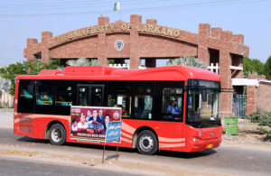 A view of luxury red bus of the Peoples Bus Service, launched by the Sindh Government from Larkana to Badah via Bakrani, Mohen Jo Daro Dokri