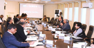 Federal Minister for Finance and Revenue Senator Muhammad Aurangzeb chairs the meeting of the Economic Coordination Committee (ECC) at the Finance Division.