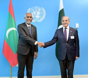 Prime Minister Muhammad Shehbaz Sharif meets President of Maldives Dr. Mohamed Muizzu on the Sidelines of 79th Session of United Nations General Assembly.