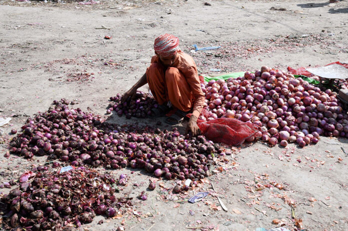 A vendor displaying onions to attract the customers at vegetable market