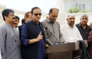 Mayor Karachi Barrister Murtaza Wahab speaks to media after laying the foundation stone for the Center of Reform, Research, and Innovation at the Karachi Water and Sewerage Corporation head office, Deputy Mayor Salman Abdullah Murad is also present.