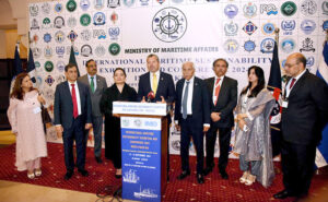 Minister for Maritime Affairs Qaiser Ahmed Sheikh, Coordinator to PM on Climate Change and Secretary General of International Maritime Organization are jointly holding a presser.