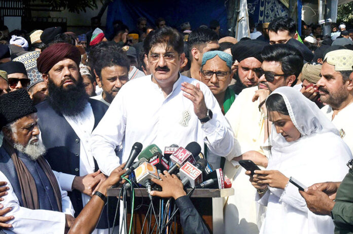 Sindh Chief Minister Syed Murad Ali Shah along with Governor Sindh Kamran Khan Tessori talking to Media persons while leads the Eid Milad-un-Nabi (SAW) procession at New Memon Masjid
