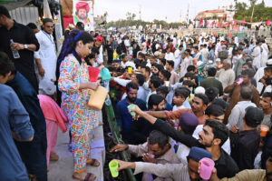 A large number of people participate in the main procession of Eid Milad-un-Nabi (SAW) celebrations at M.A Jinnah road Numaish chowrangi