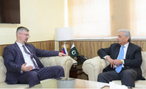 Russian Ambassador to Pakistan, Albert P. Khuriev call on Federal Minister for Industries & Production and National Food Security and Research Rana Tanveer Hussain.