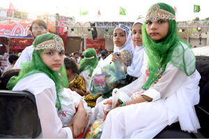 A large number of people participate in the main procession of Eid Milad-un-Nabi (SAW) celebrations at M.A Jinnah road Numaish chowrangi