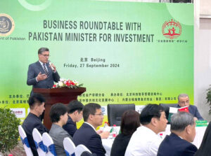 Minister for Investment, Abdul Aleem Khan speaking at the Business and Investment Roundtable hosted by Pakistan Embassy.