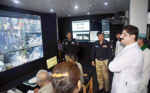Sindh Chief Minister Syed Murad Ali Shah visits the Command & Control Centre at CPO. Inspector General (IG) Police Ghulam Nabi Memon is seen briefing him in the picture