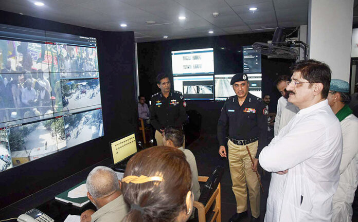 Sindh Chief Minister Syed Murad Ali Shah visits the Command & Control Centre at CPO. Inspector General (IG) Police Ghulam Nabi Memon is seen briefing him in the picture