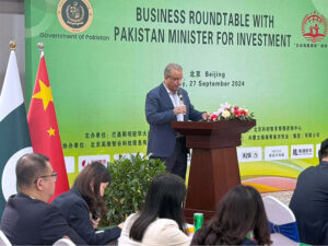 Minister for Investment, Abdul Aleem Khan speaking at the Business and Investment Roundtable hosted by Pakistan Embassy.