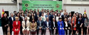 Minister for Investment, Abdul Aleem Khan speaking at the Business and Investment Roundtable hosted by Pakistan Embassy.
