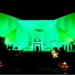 An illuminated view of Supreme Court of Pakistan building decorated with colorful lights on the eve of Eid Milaad un Nabi (PBUH)
