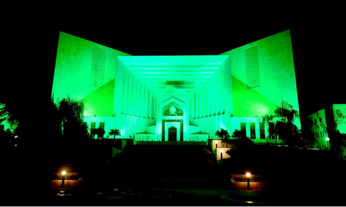 An illuminated view of Supreme Court of Pakistan building decorated with colorful lights on the eve of Eid Milaad un Nabi (PBUH)