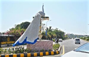 A floral peacock installation by CDA on Constitution Avenue ahead of the 23rd Shanghai Cooperation Organization SCO summit in Islamabad.