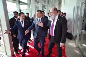 Prime Minister of Tajikistan, Kohir Rasulzoda being received by Federal Minister for Commerce Jam Kamal Khan at Islamabad International Airport as he arrives in Pakistan to attend the SCO Summit.